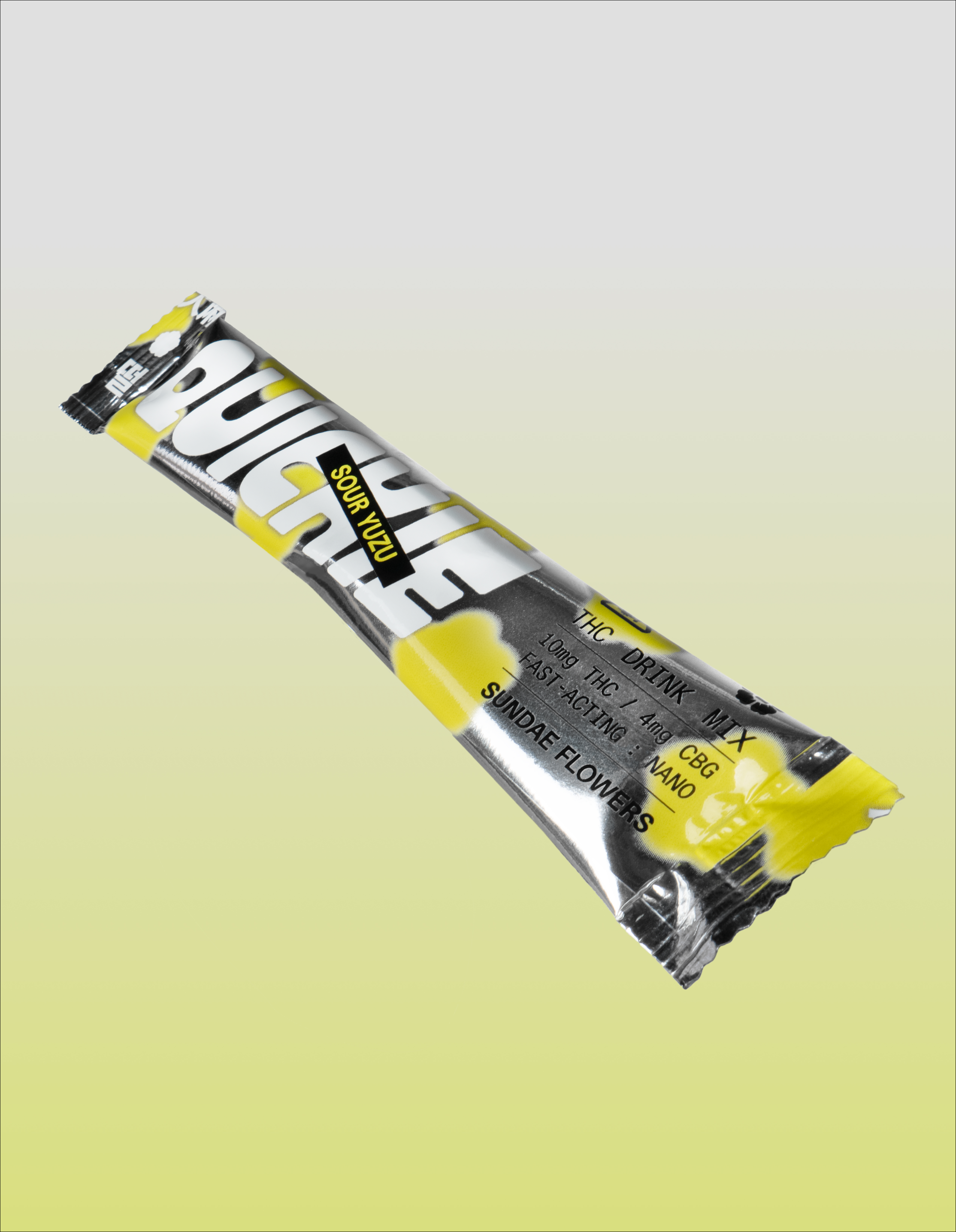 A silver and yellow packaged product labeled 'Sour Yuzu' on a gradient background.