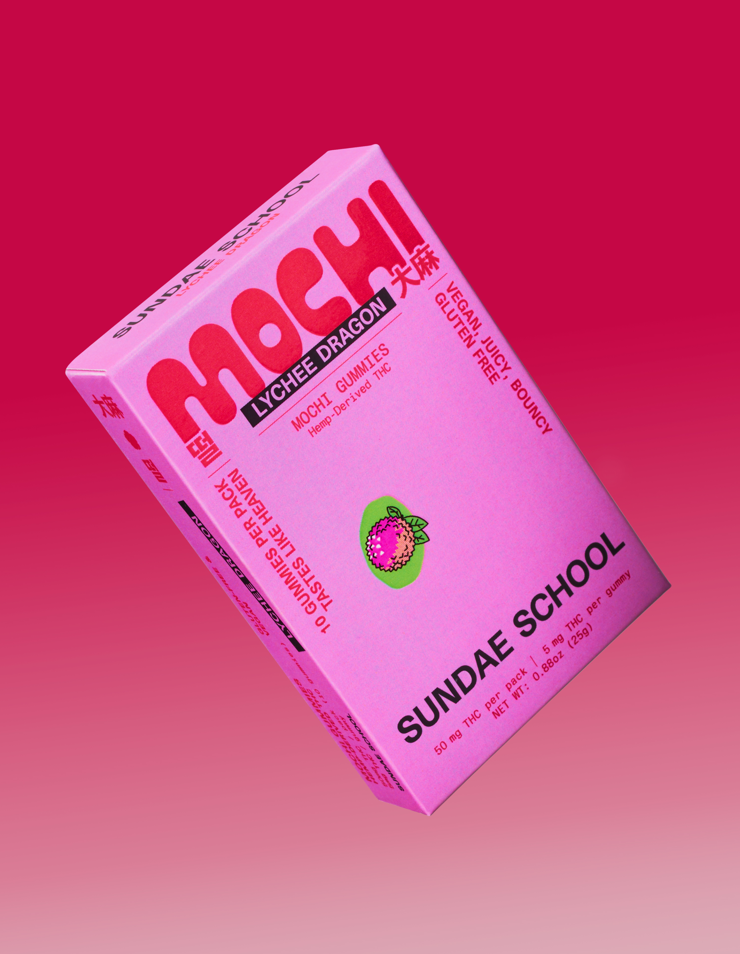 Pink box of lychee dragon mochi gummies with bold text and fruit illustration.