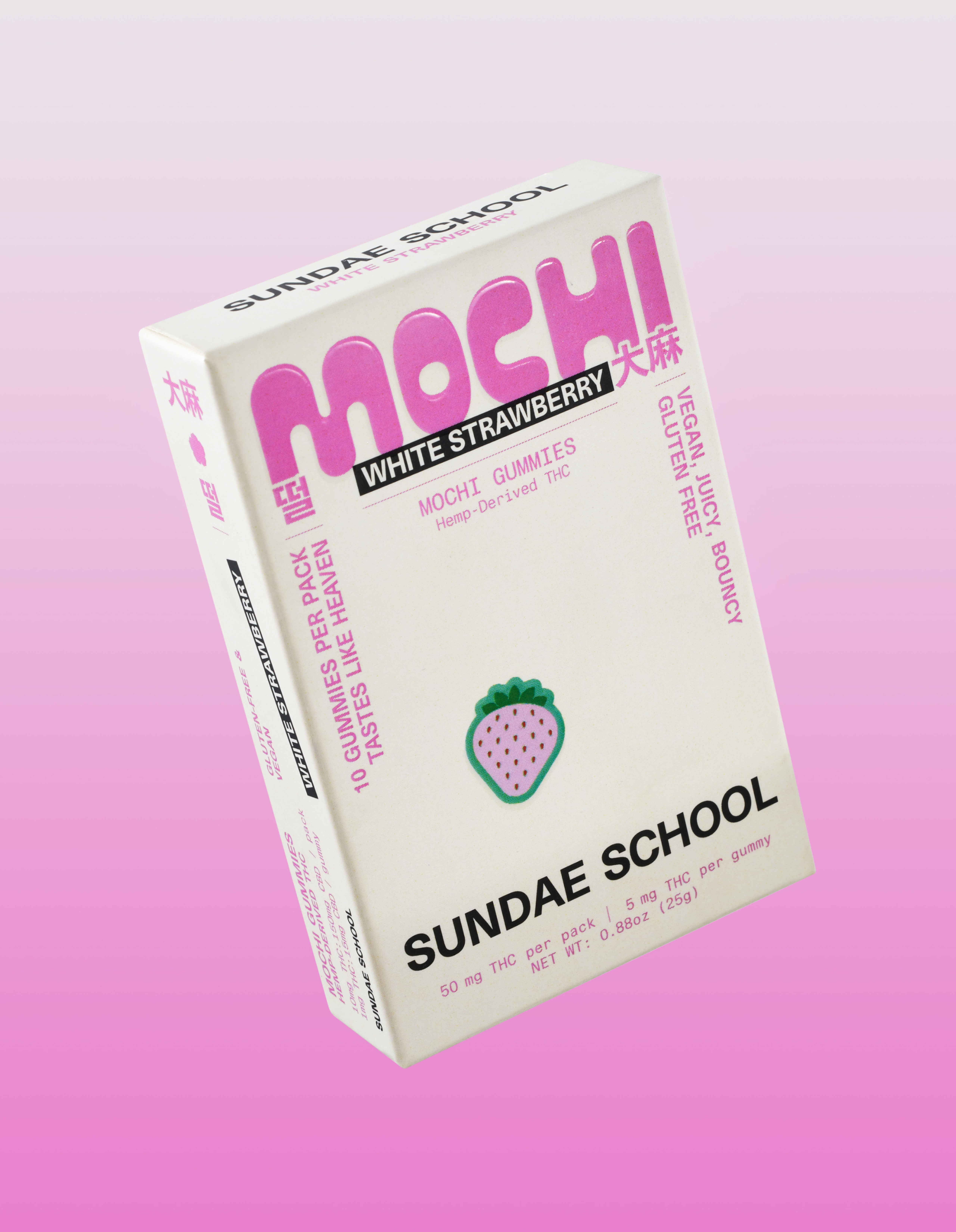 Box of white strawberry mochi gummies with pink text on a gradient pink background.