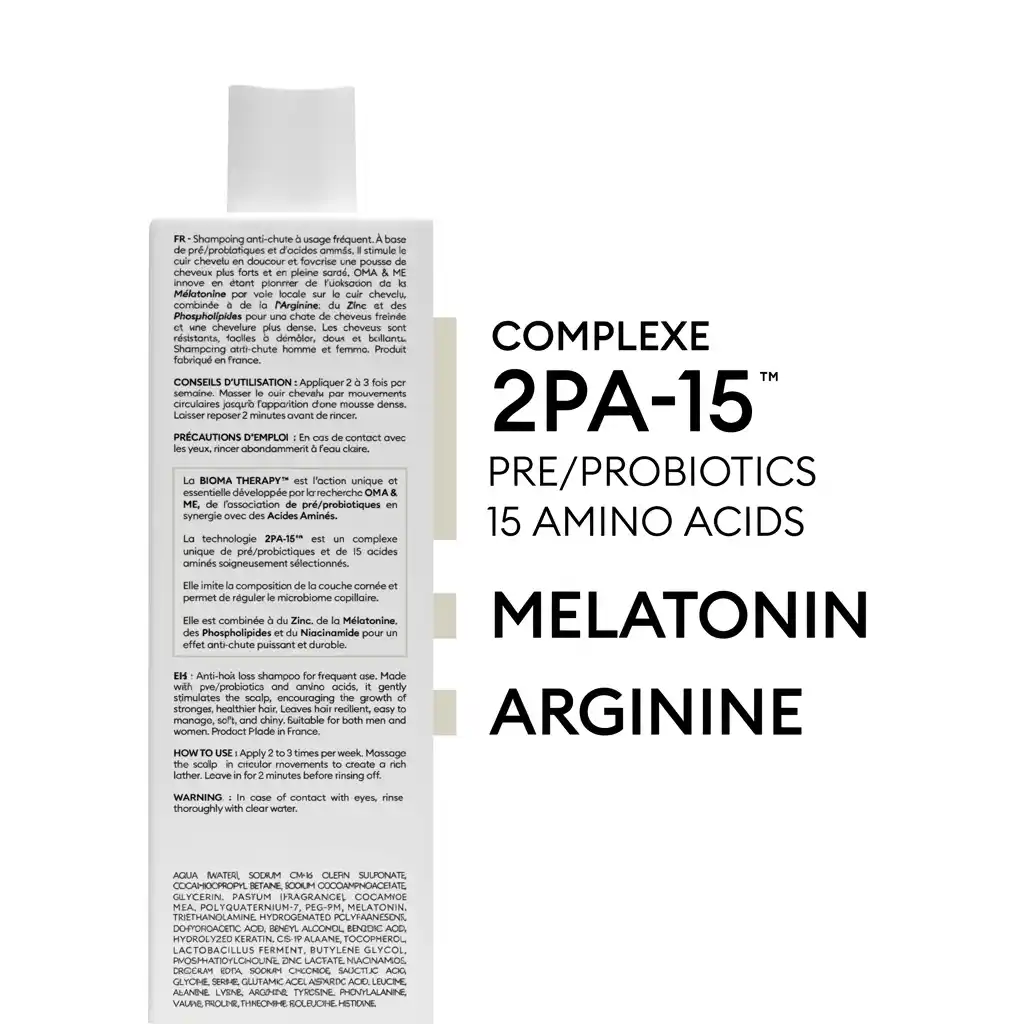 The back label of a hair product bottle showing ingredients and instructions in French and English.