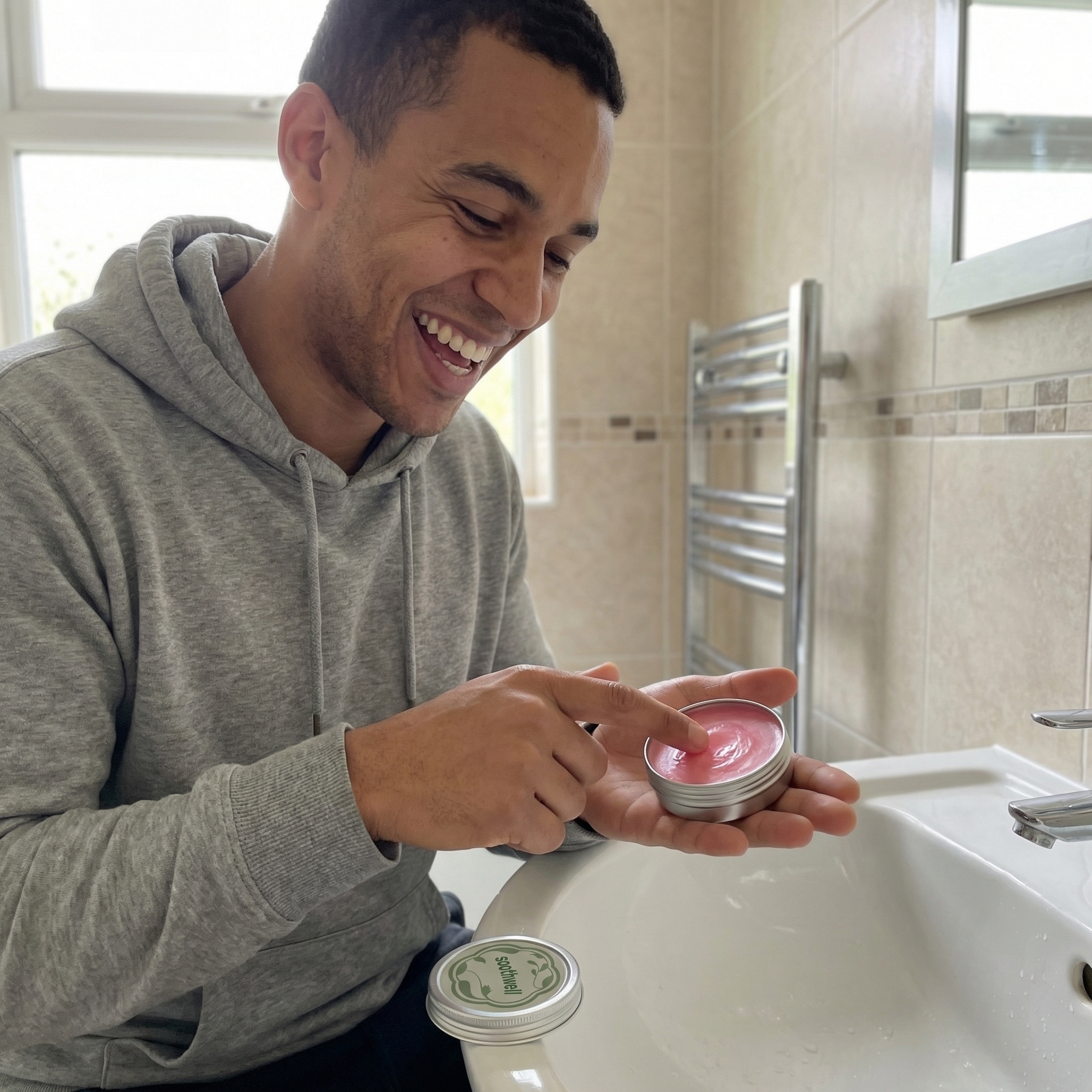 A smiling man in a grey hoodie holds an open tin of pink balm over a bathroom sink.