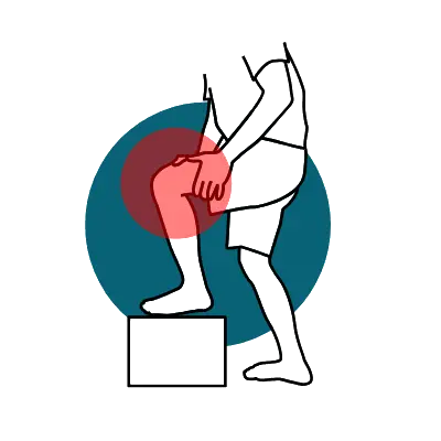 A line drawing of a person holding their knee, with a red circle over it indicating pain.