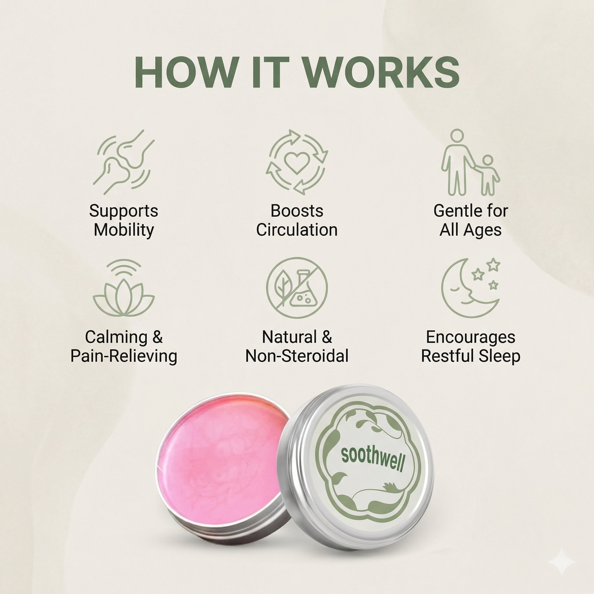 An infographic showing the benefits of Soothwell balm, with a tin of the product underneath.