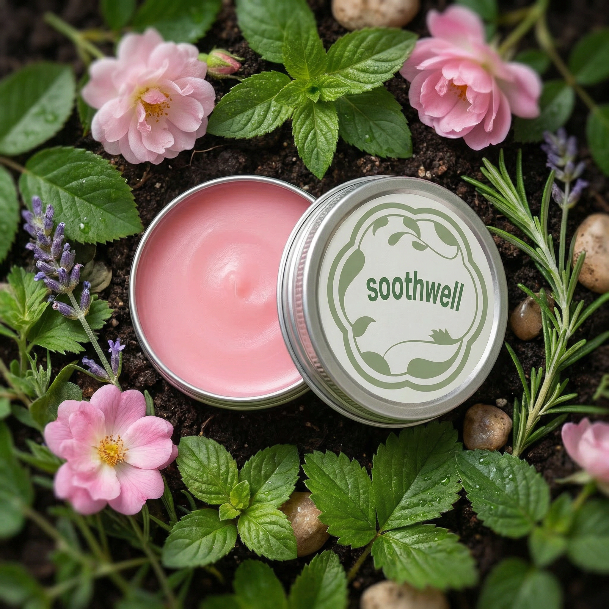 An open tin of Soothwell pink balm sits in soil, surrounded by fresh pink flowers and herbs.