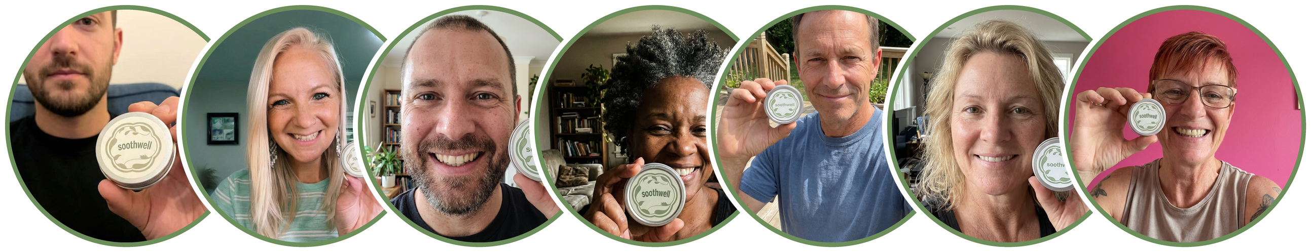 A collage of seven circular photos of different people smiling and holding a small tin of Soothwell.