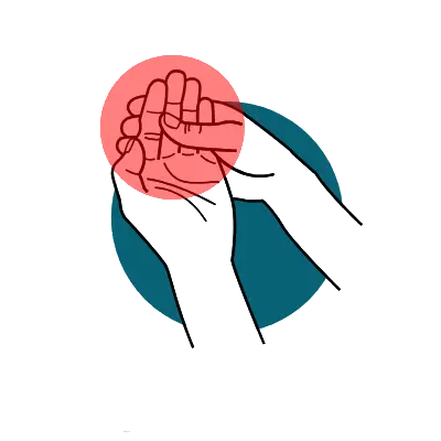 An illustration of one hand stretching the fingers of the other, with red and teal circles behind them.