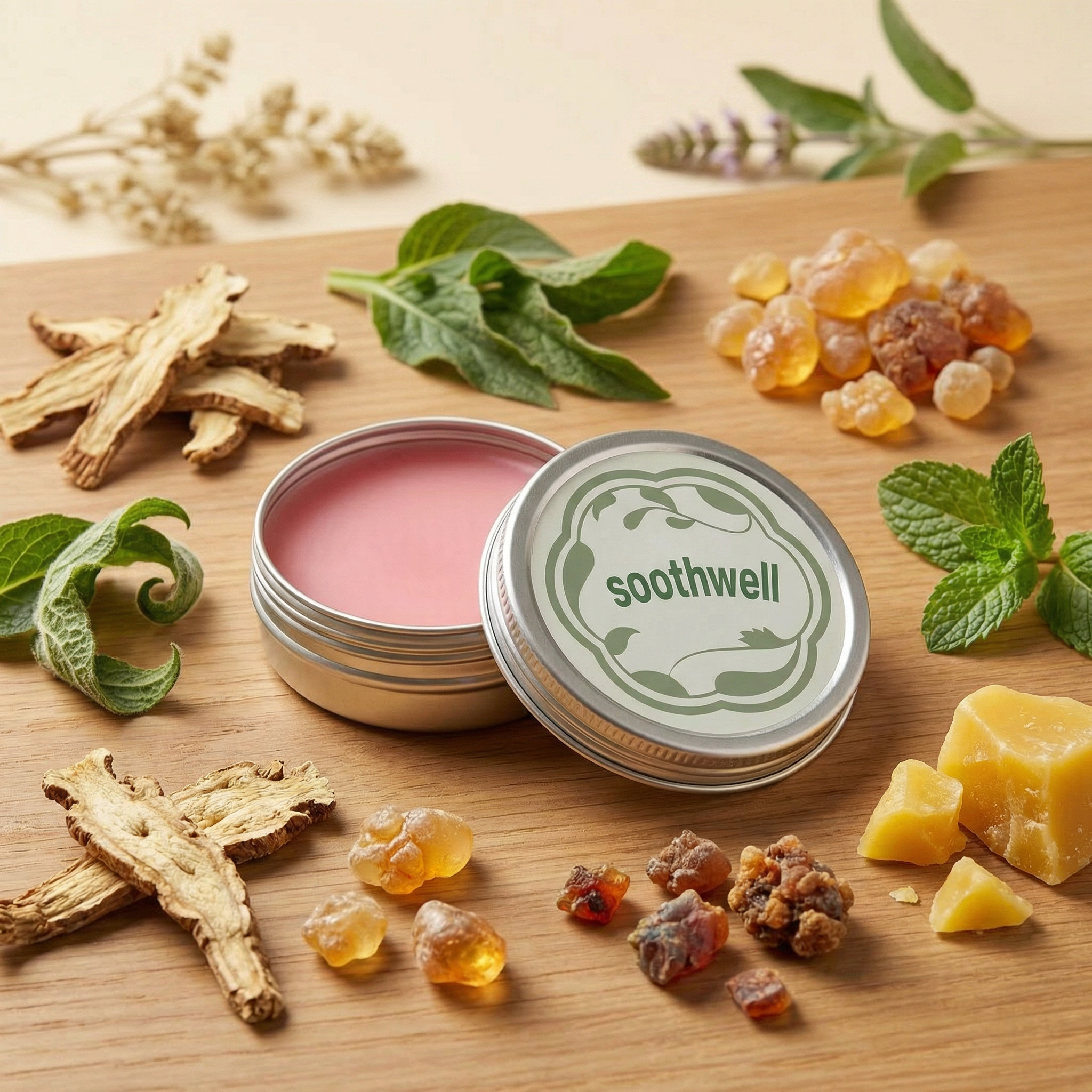 An open tin of pink Soothwell balm surrounded by various herbs, roots, and resins on a wooden surface.
