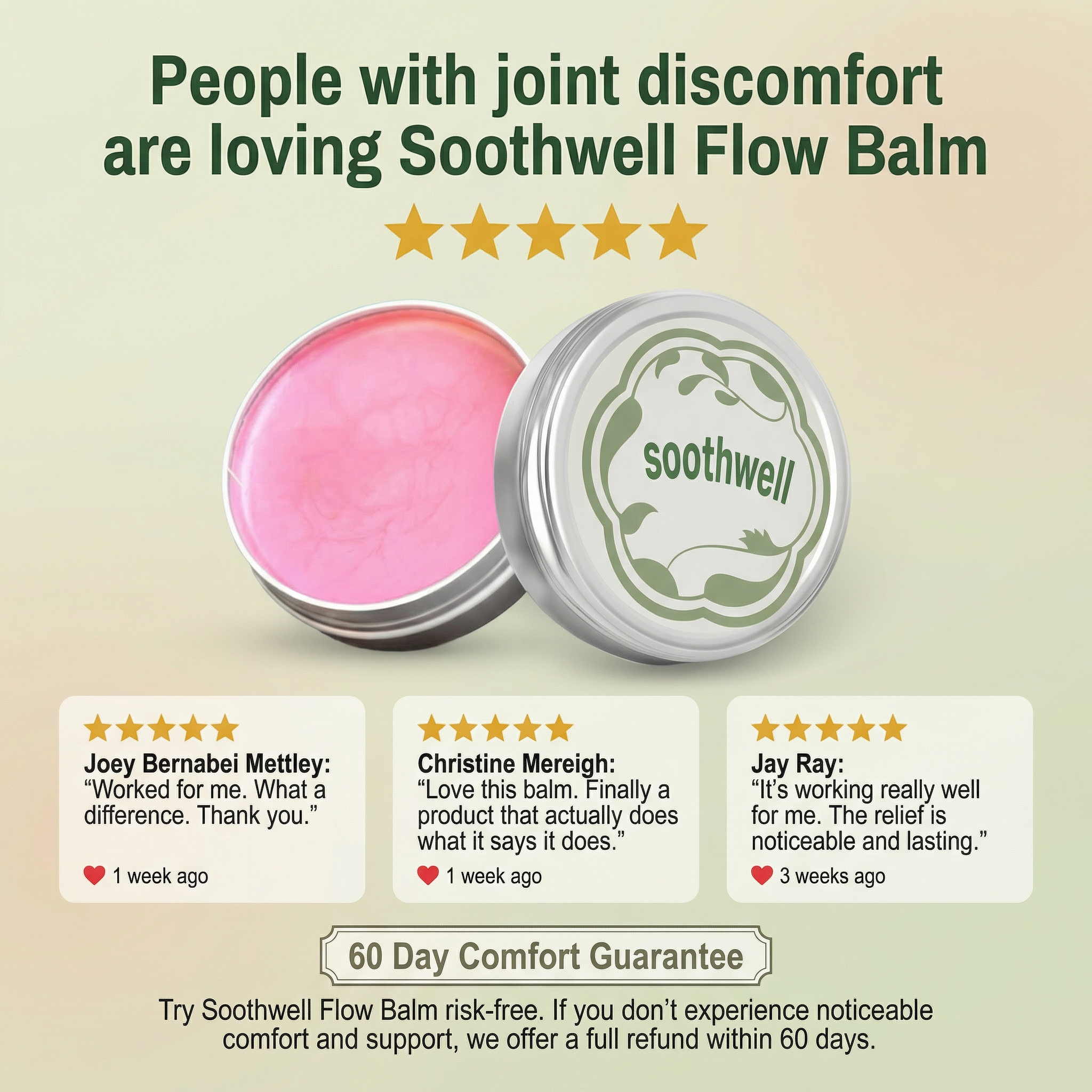An advertisement for Soothwell Flow Balm showing the product, five-star ratings, and positive customer testimonials.