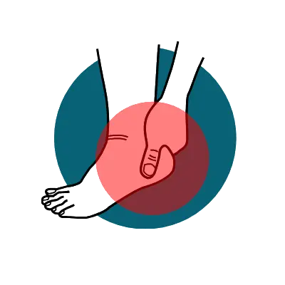 An illustration of a hand touching an ankle, with a red circle indicating pain in the heel.
