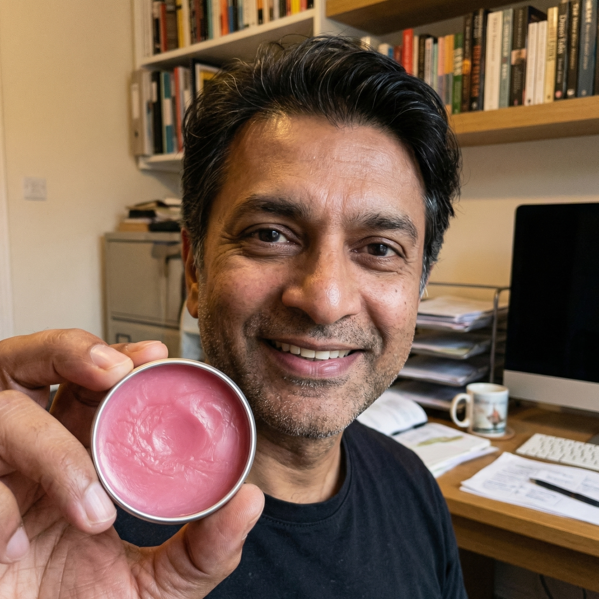 A smiling man holds up a small, open tin of pink balm to the camera in an office.