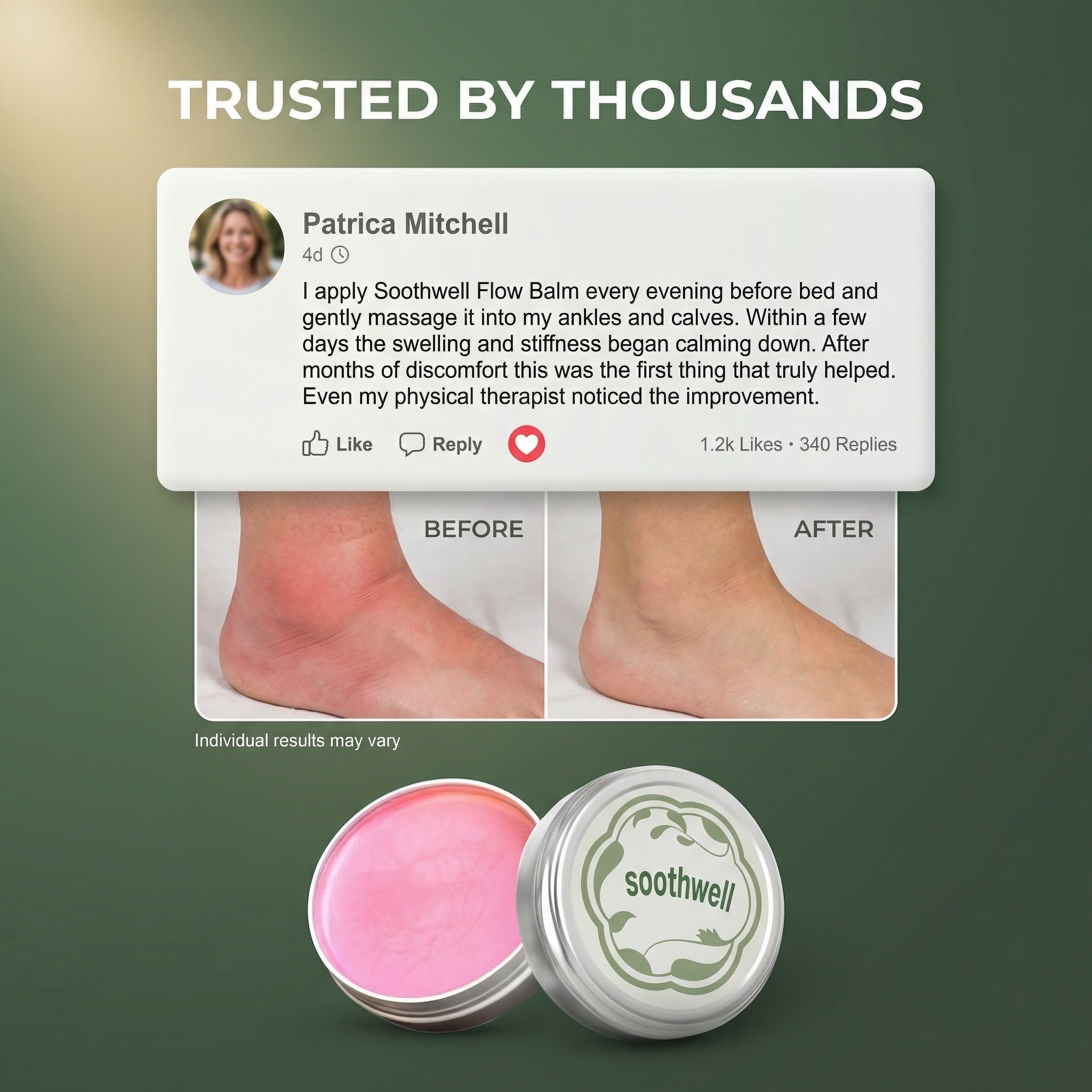 An ad for Soothwell balm with a testimonial and before/after photos of a swollen ankle.