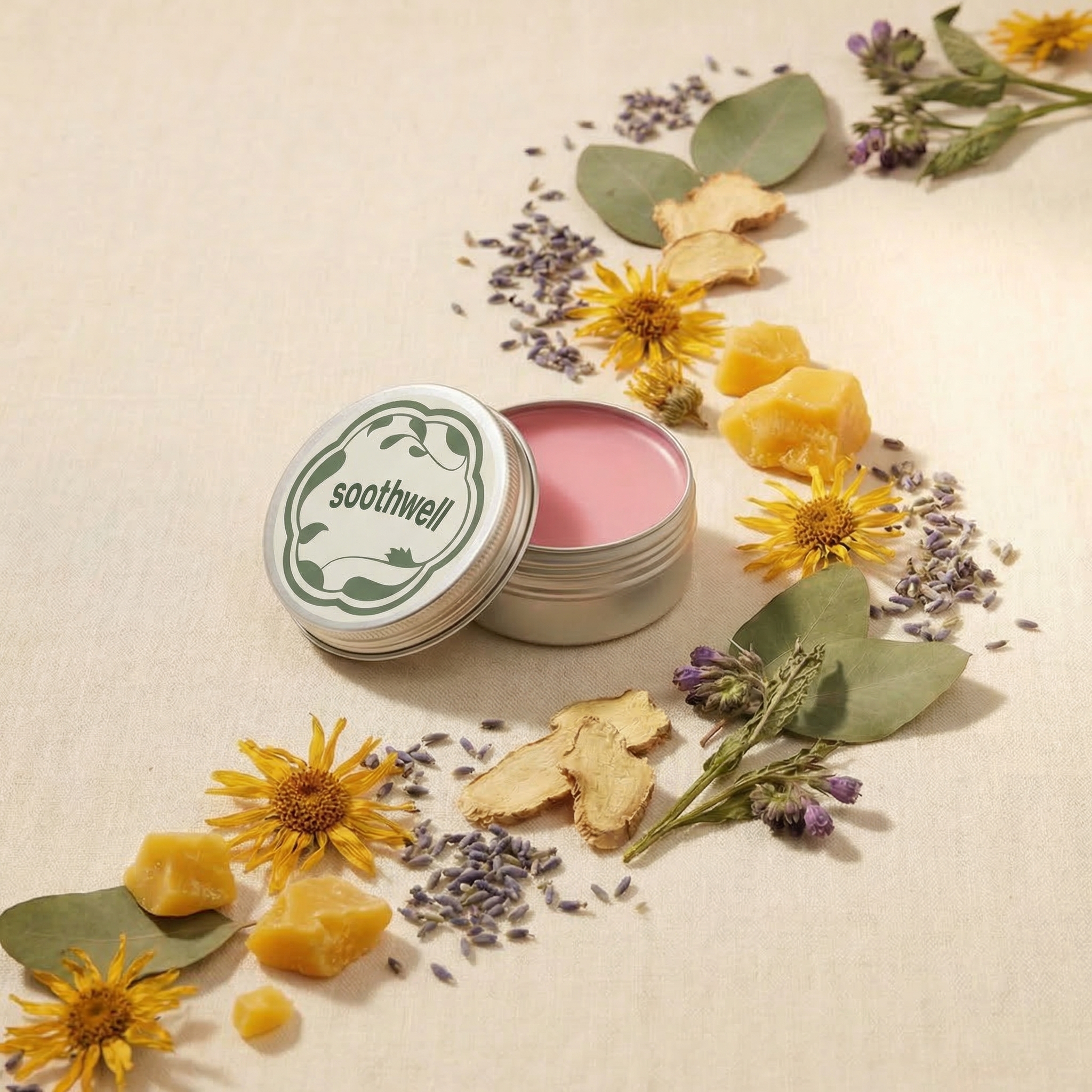 An open tin of Soothwell balm with a trail of its natural ingredients like flowers and beeswax.
