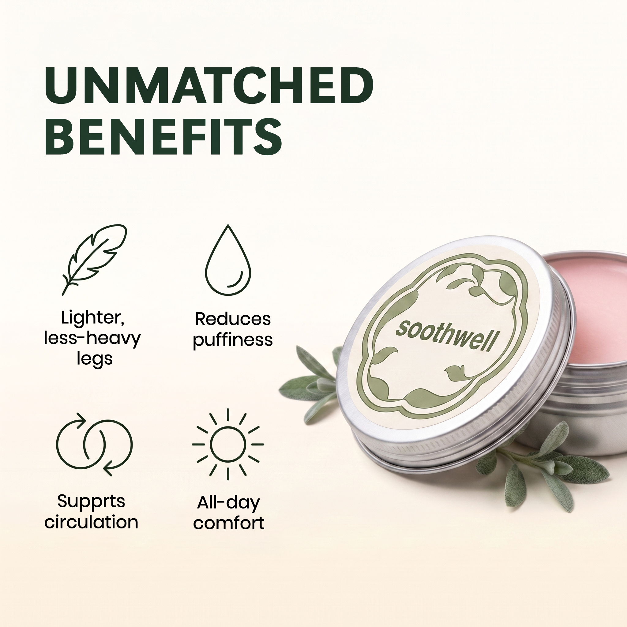 An open tin of Soothwell pink balm sits in soil, surrounded by fresh pink flowers and herbs.