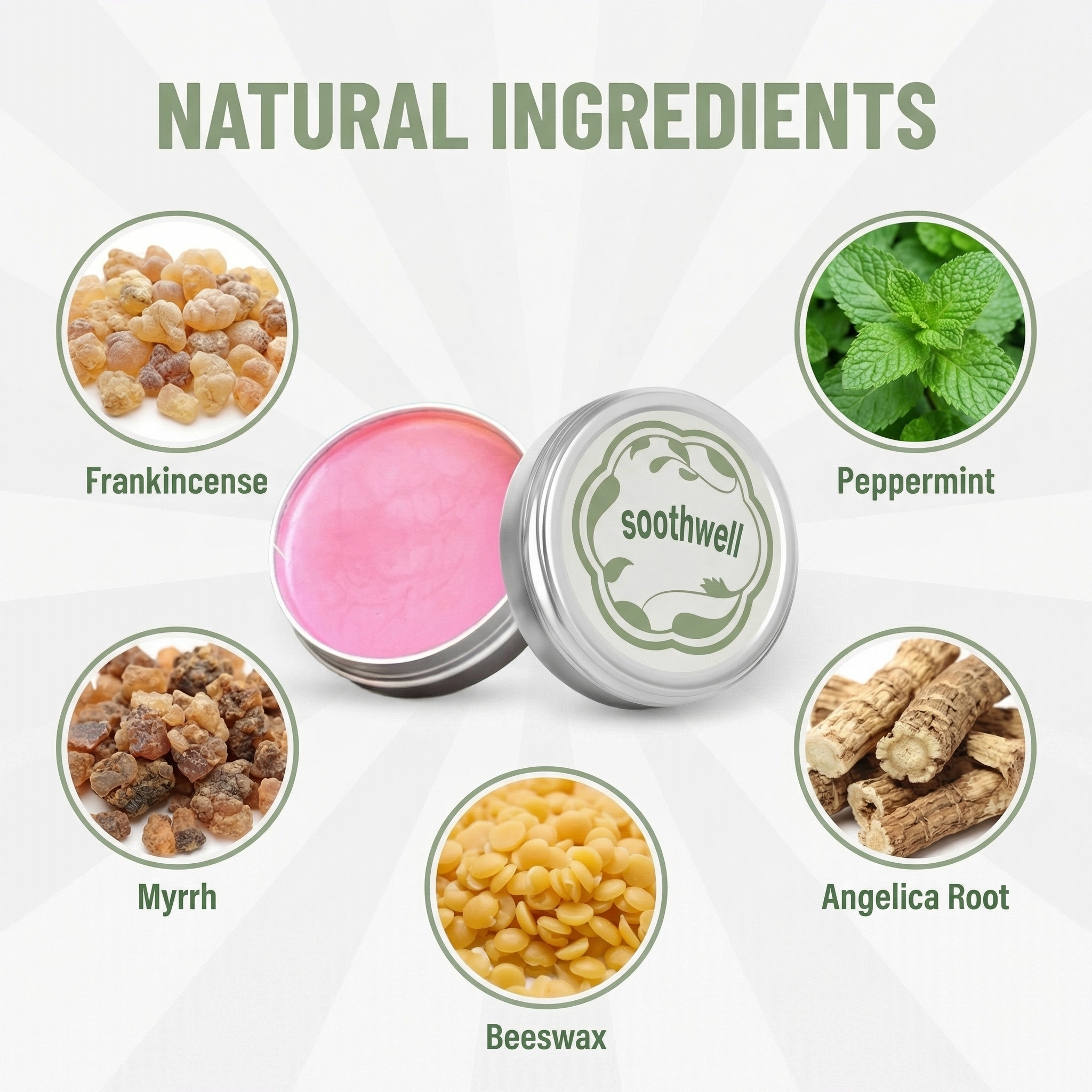 Soothwell balm with its natural ingredients: frankincense, peppermint, myrrh, beeswax, and angelica root.