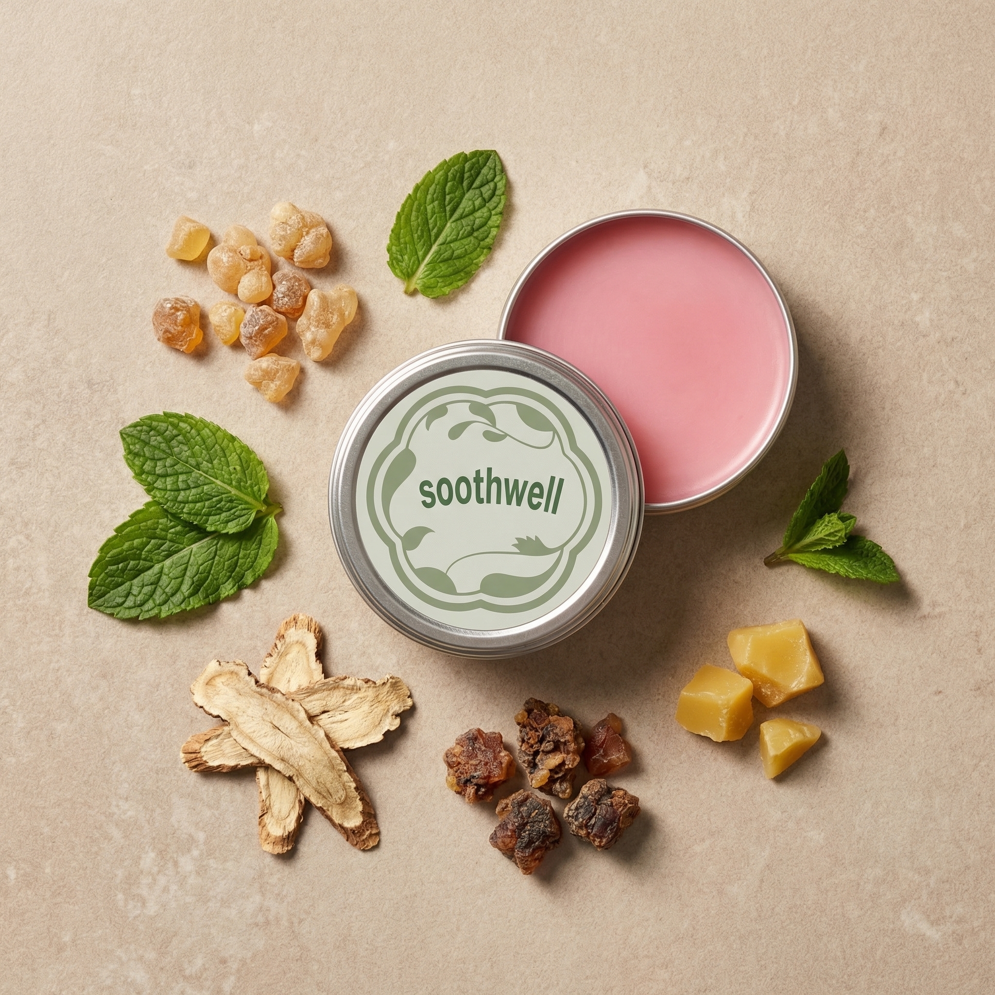 A top-down view of an open tin of Soothwell balm, surrounded by natural ingredients like mint and resin.