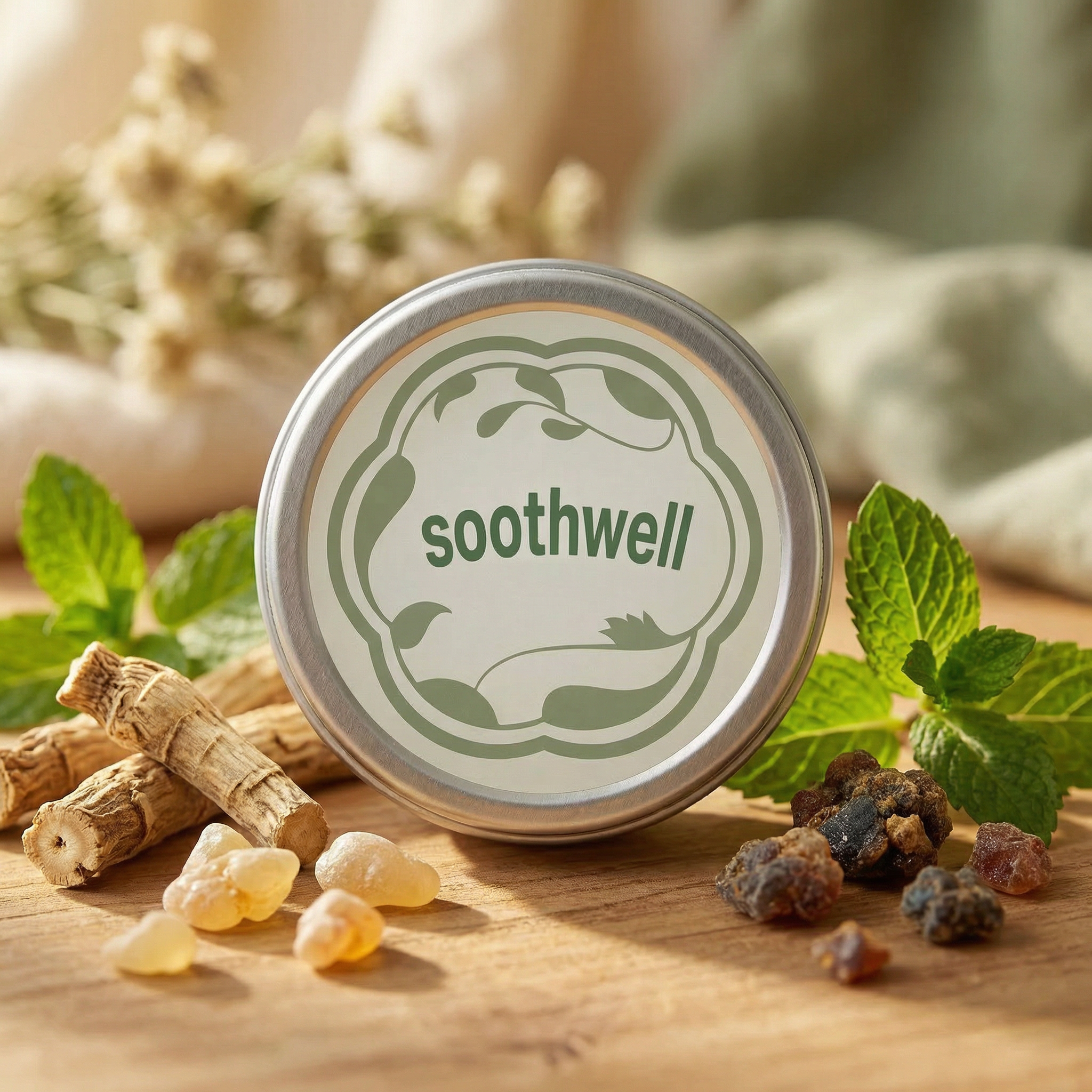 A round tin labeled 'soothwell' on a wooden surface, surrounded by mint leaves, roots, and resins.