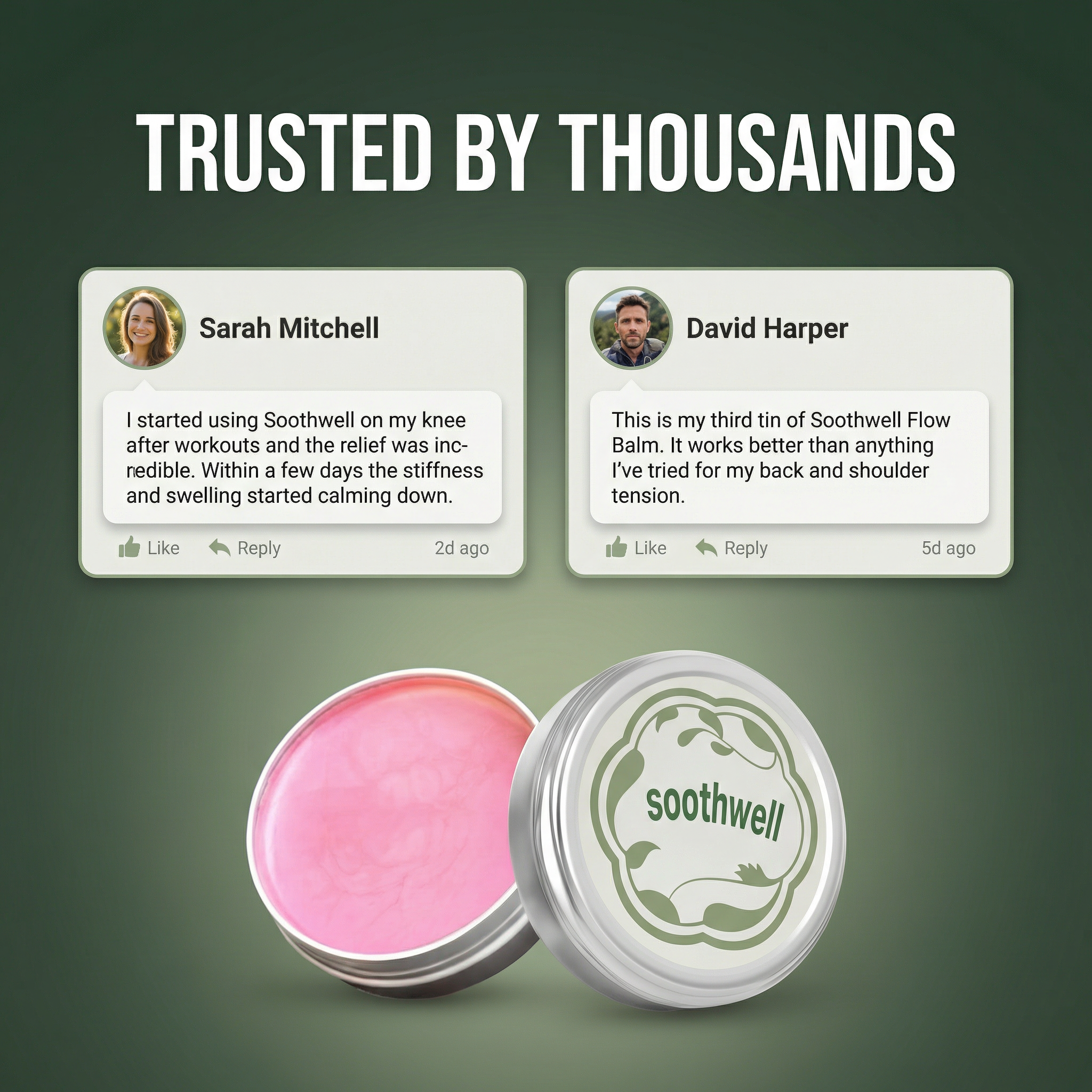 Advertisement for Soothwell balm, featuring customer testimonials and an open tin of the pink product.