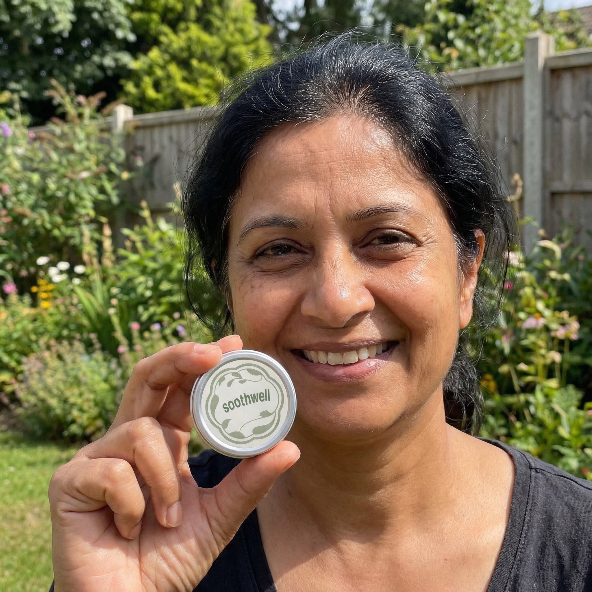 A smiling woman in a garden holds up a small, round tin labeled 'soothwell'.