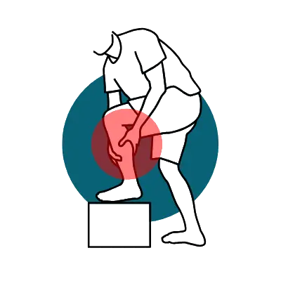 A line drawing of a person clutching their leg in pain while stepping onto a box.