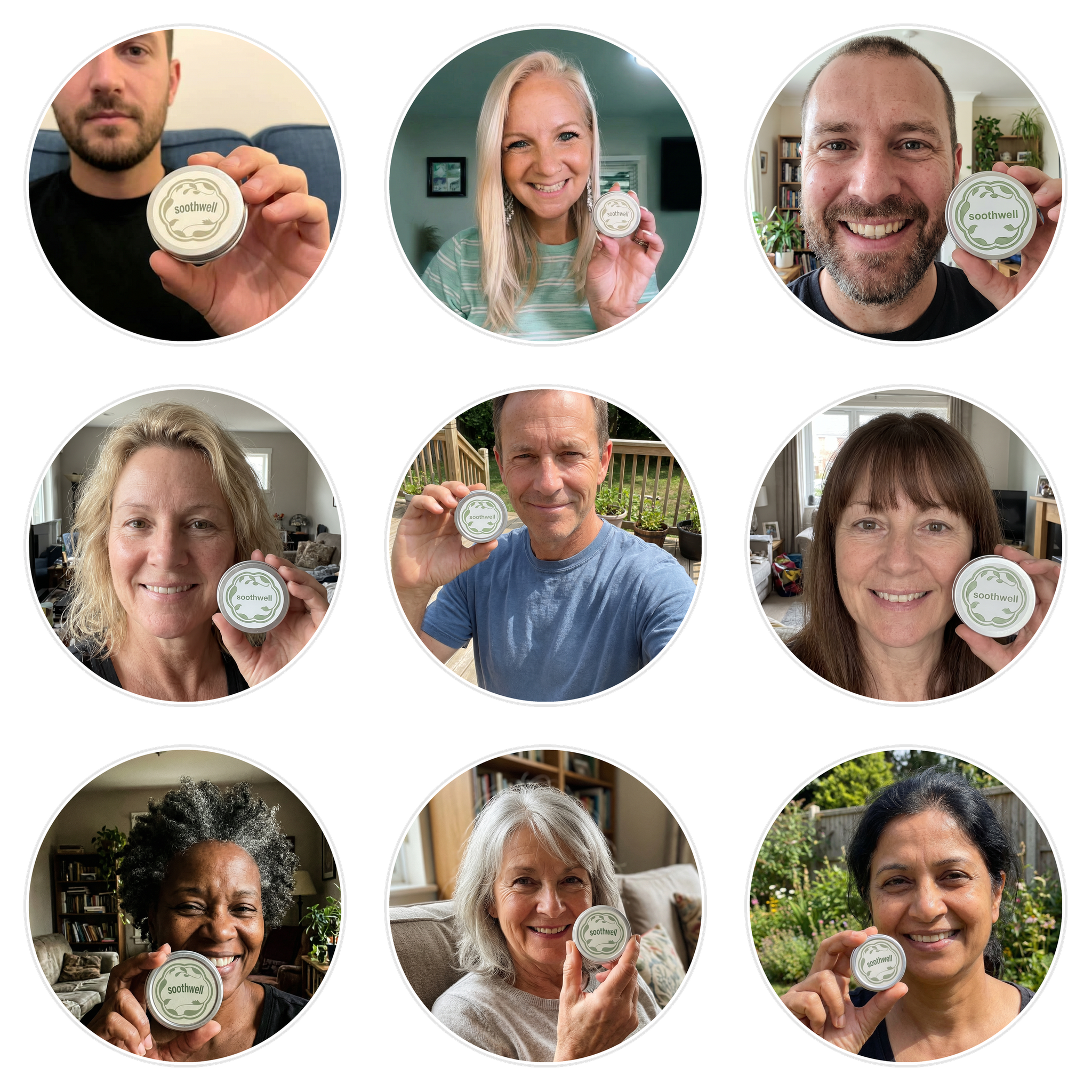A collage of nine diverse people smiling and holding up a round tin of Soothwell cream.