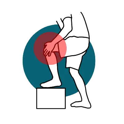 Line drawing of a person holding their knee in pain while stepping onto a box.