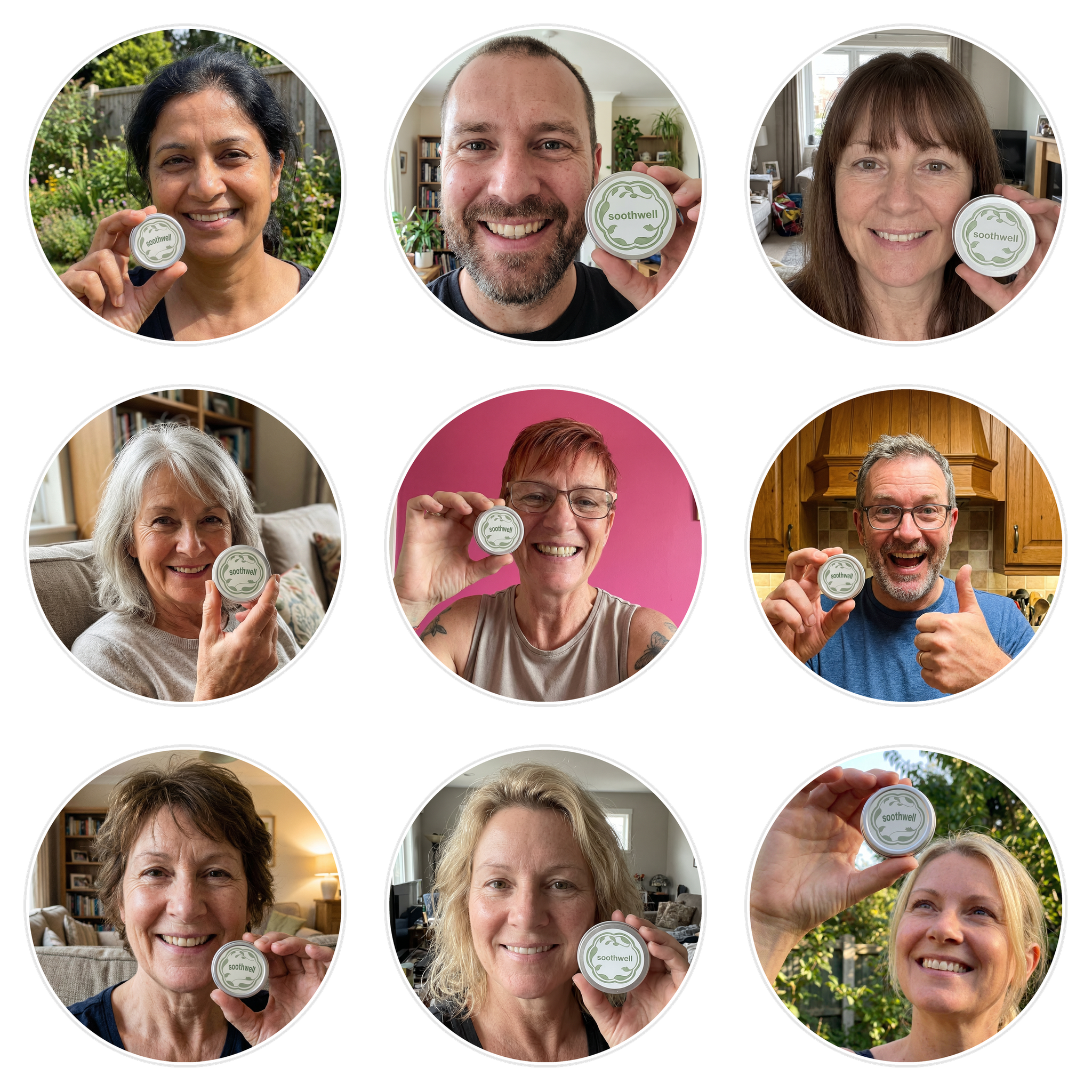 A collage of nine smiling people in circular frames, each holding up a small tin of Soothwell product.