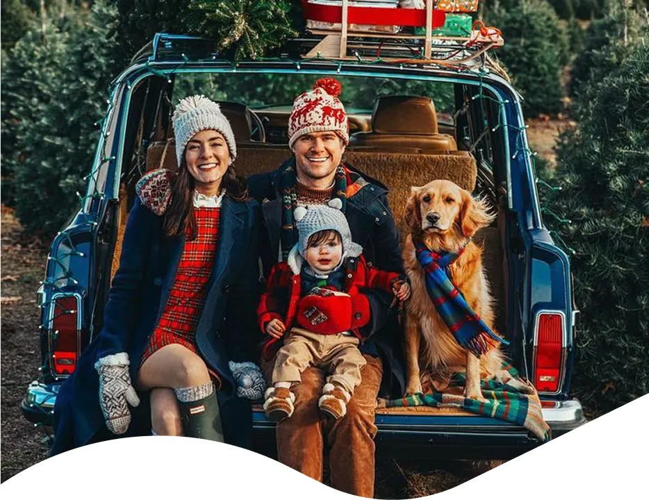 Family and dog sitting in car trunk with Christmas trees around.