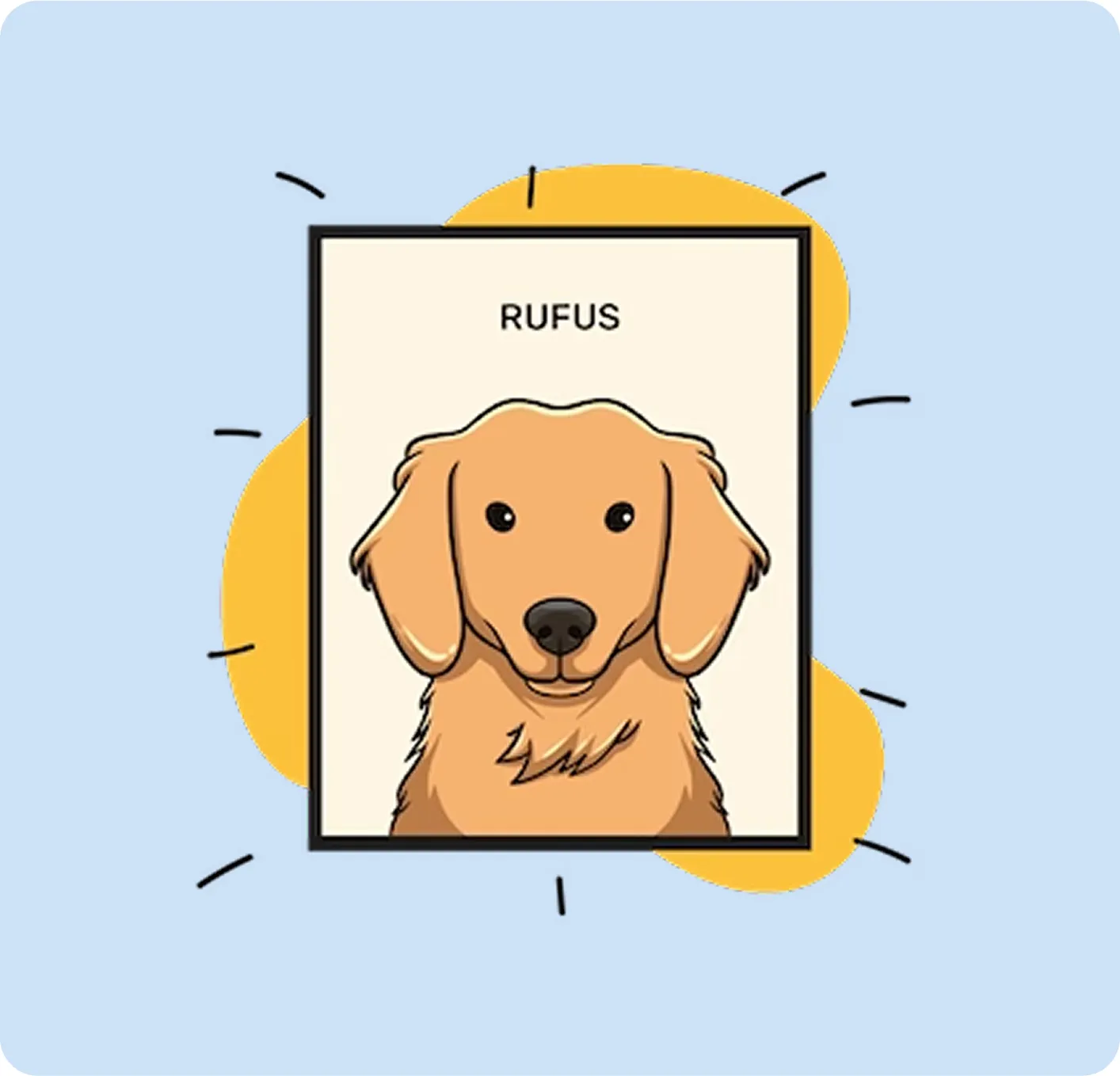 Illustration of a dog's face labeled 'RUFUS' with a blue background.