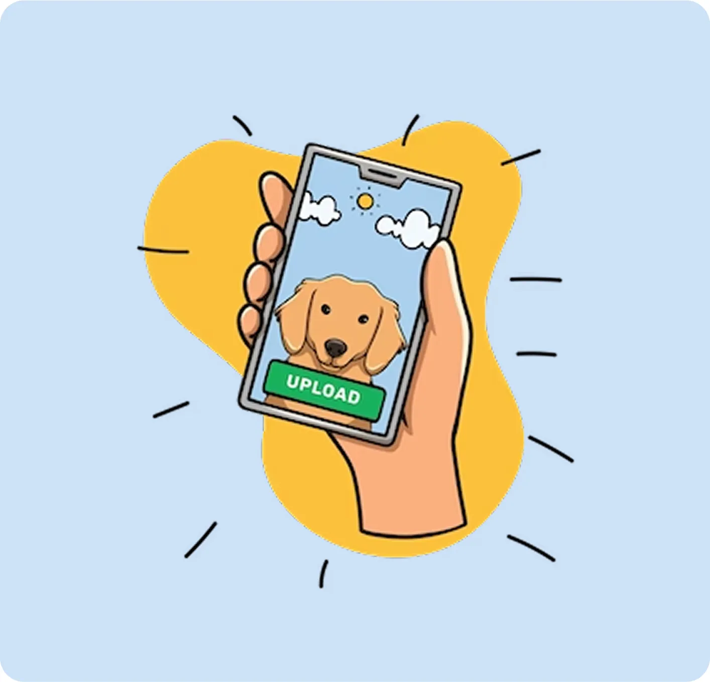 Illustration of a hand holding a phone with a dog photo and 'Upload' button.