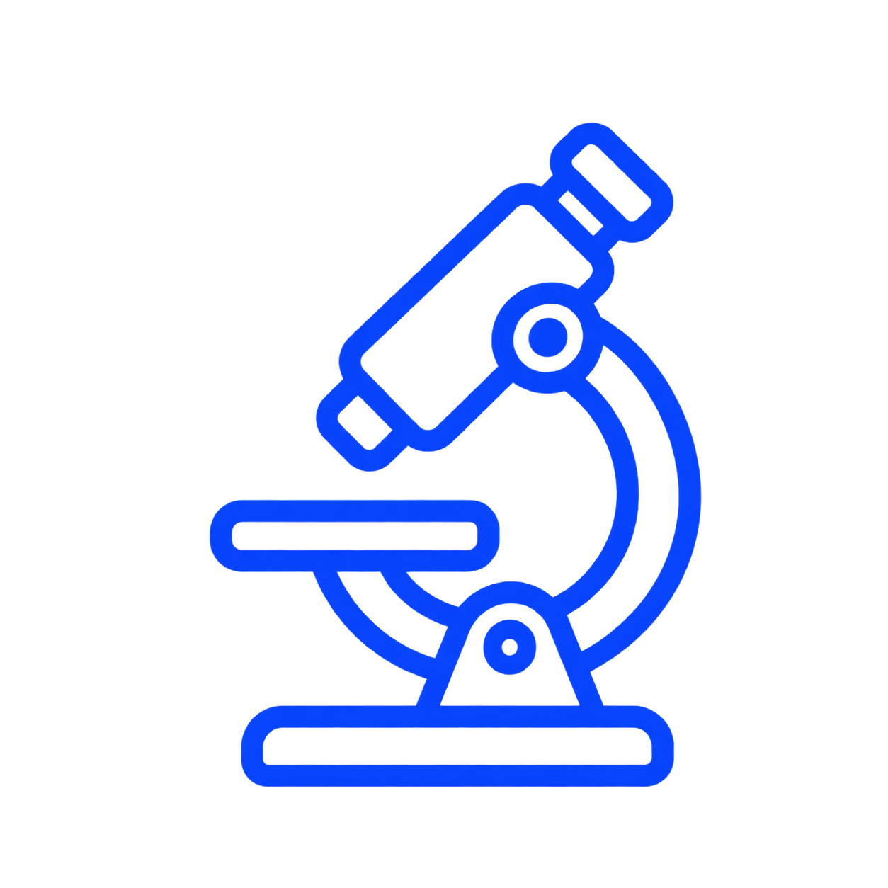 A blue line icon of a microscope against a white background.