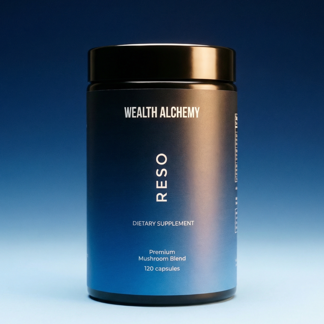 A bottle of Wealth Alchemy's Reso dietary supplement, a premium mushroom blend, against a blue gradient background.