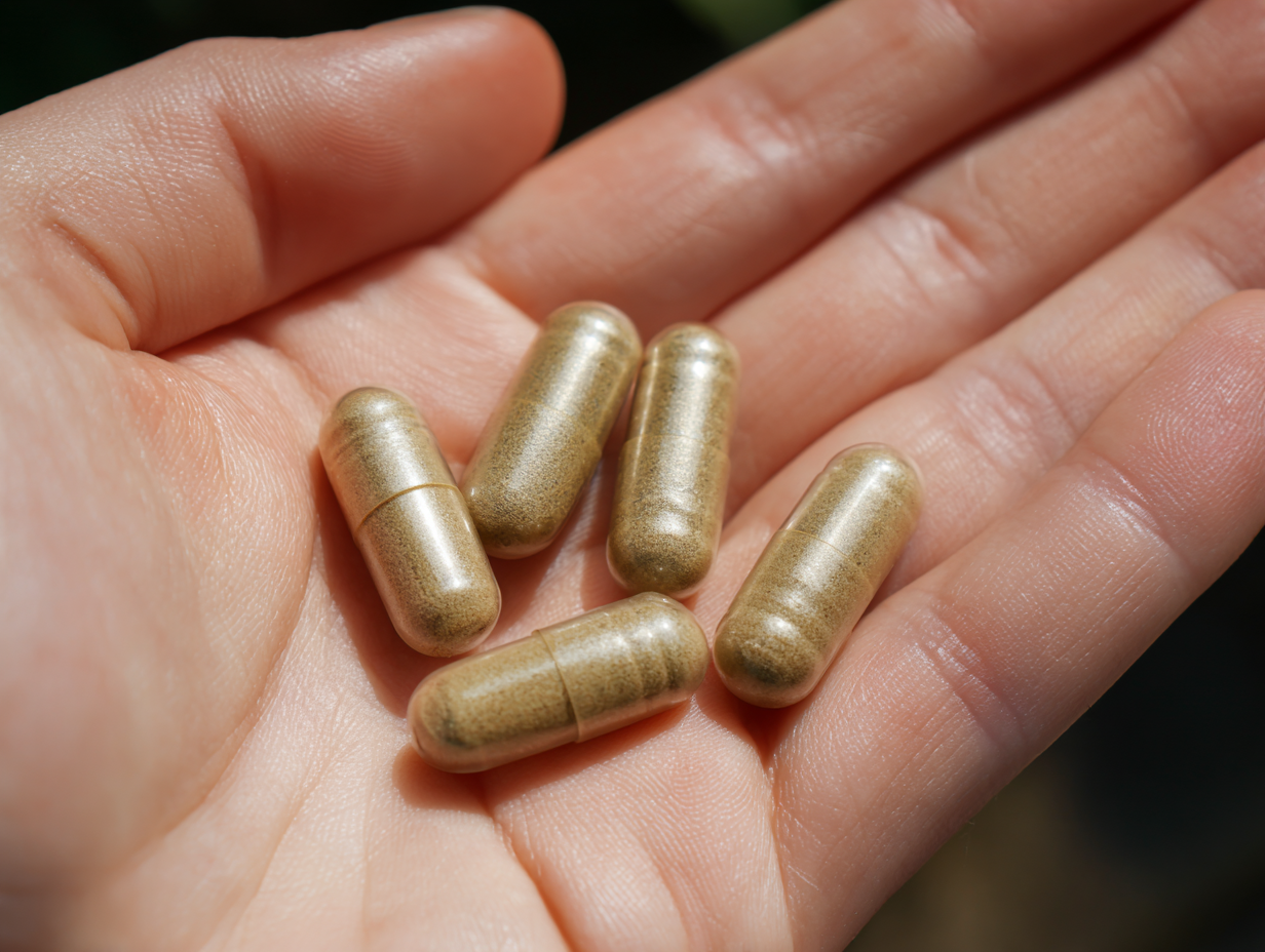 A close-up of five tan-colored supplement capsules resting in the palm of a hand.