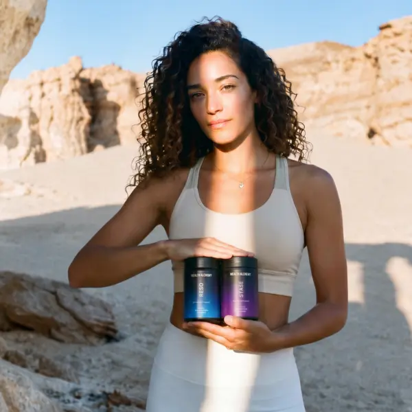 A woman in athletic wear holds two supplement jars in a sunny, rocky landscape.