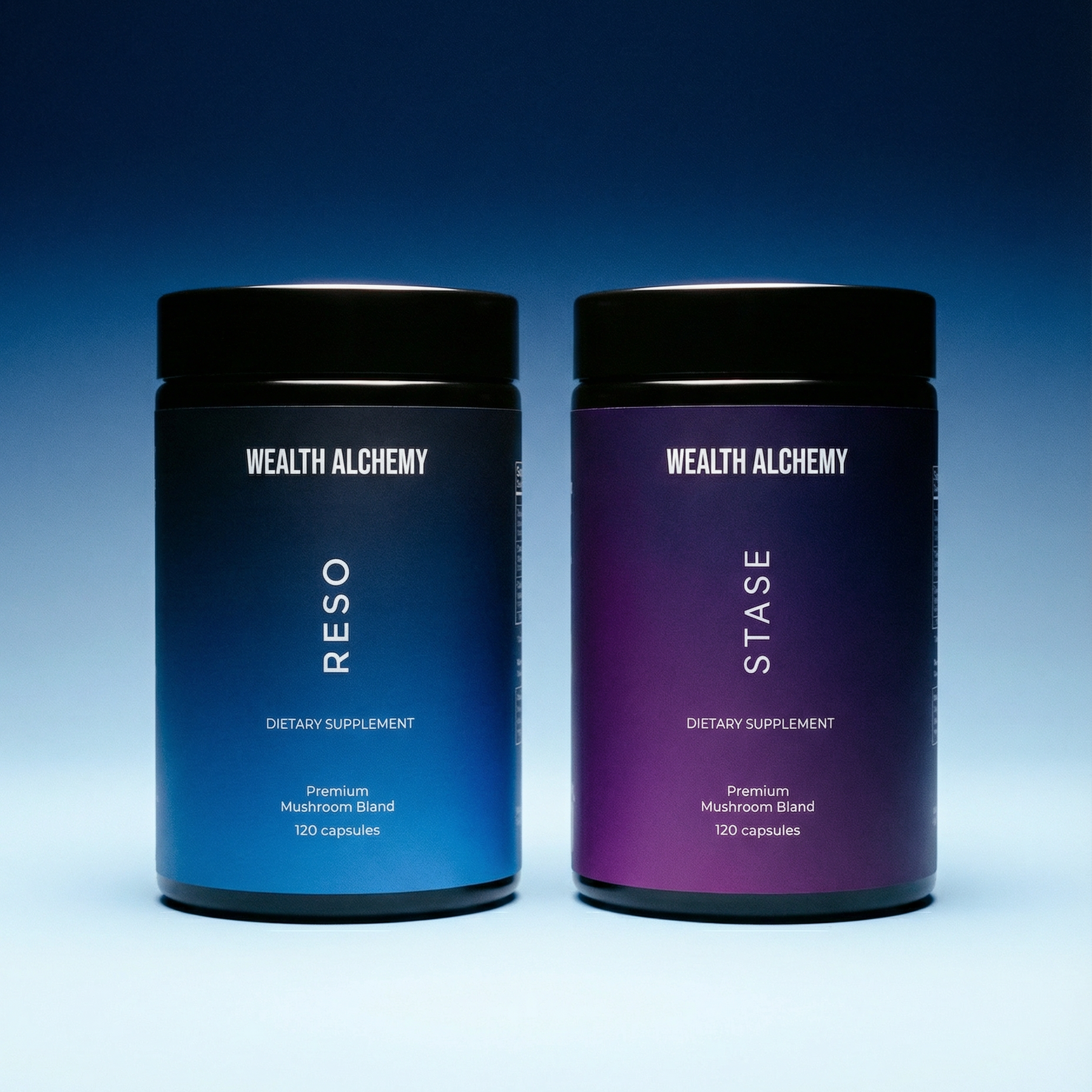 Two jars of Wealth Alchemy dietary supplements, one blue and one purple, against a gradient blue background.