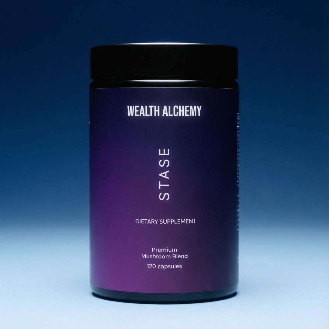 A black and purple bottle of Wealth Alchemy Stase dietary supplement against a blue gradient background.