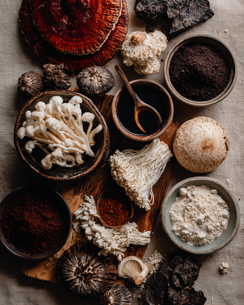 An overhead view of various fresh, dried, and powdered mushrooms artfully arranged on a rustic surface.