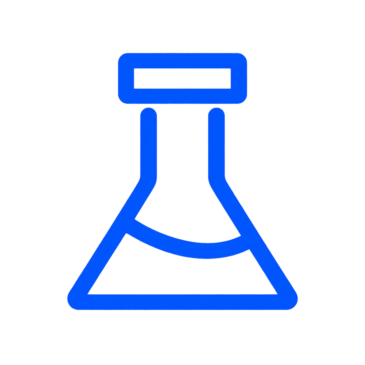 A blue line-art icon of a laboratory flask with some liquid in it.