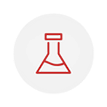 A red and blue icon of a laboratory flask inside a grey circle.
