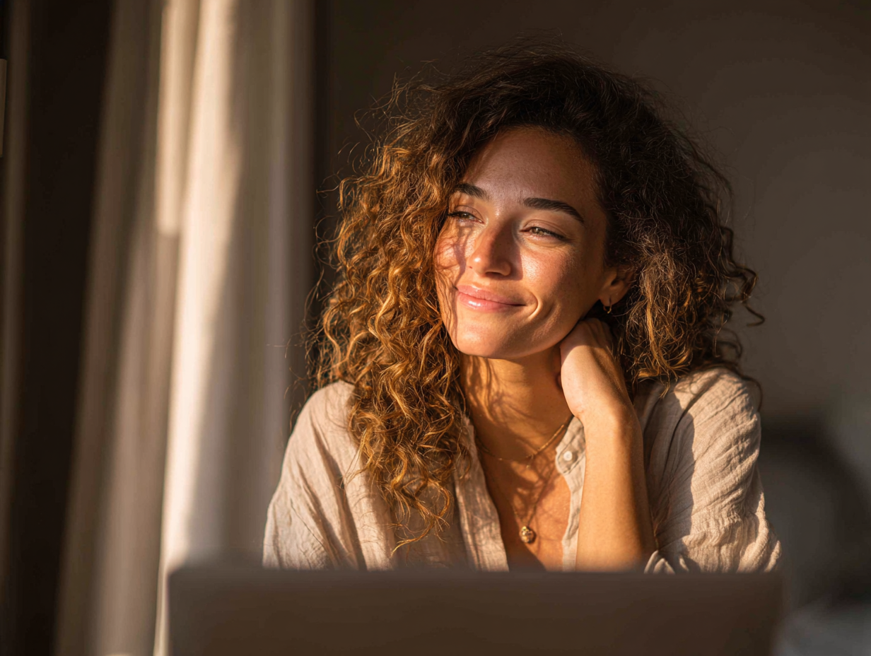 A smiling woman with curly hair sits in front of a laptop, with sunlight on her face.