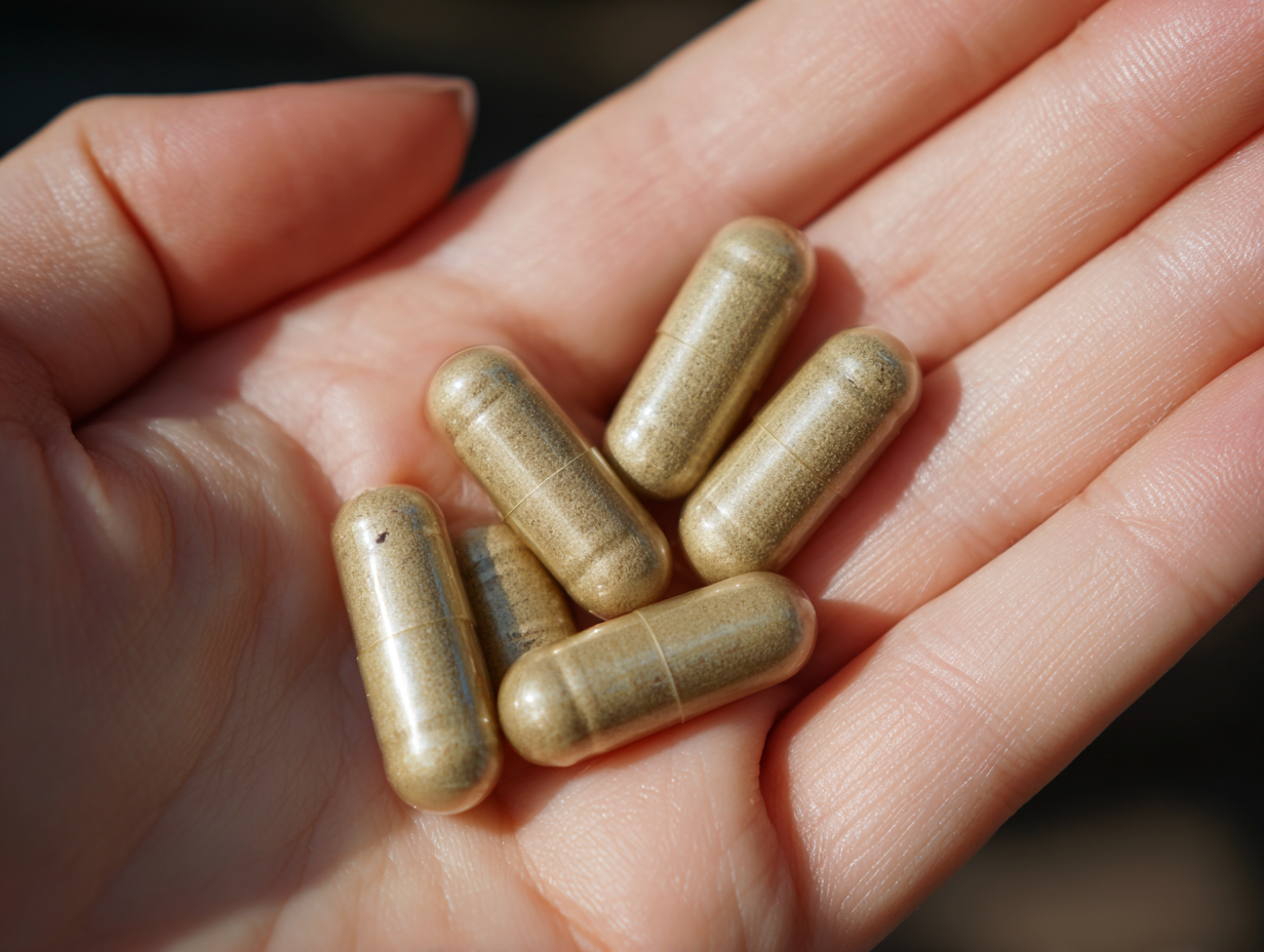 A hand holding six golden capsules.