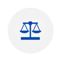 A blue icon of the scales of justice with a gold outline inside a grey circle.