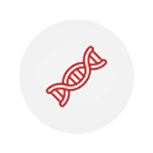 A gray circular icon with a red DNA double helix in the center.