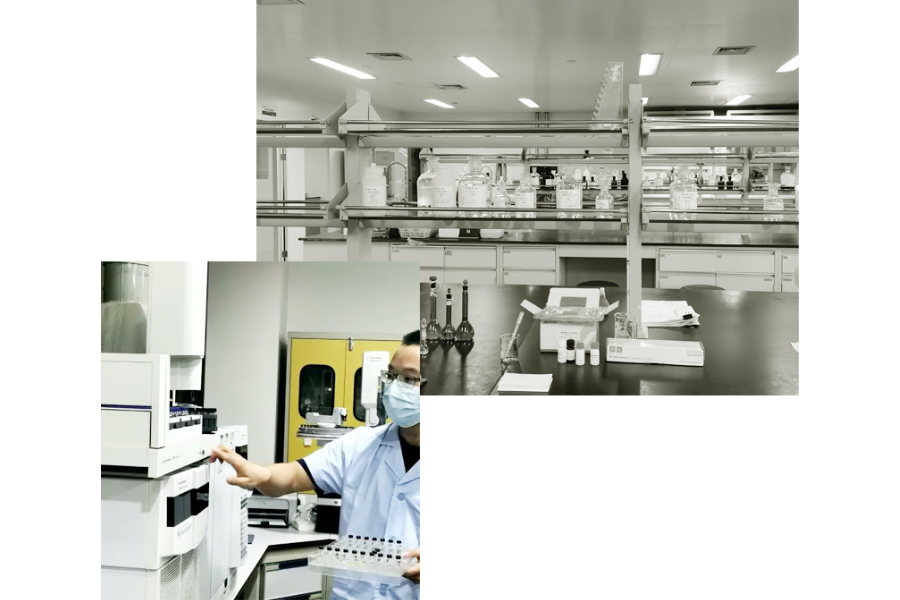 A black and white photo collage showing a scientist working with equipment in a modern laboratory.