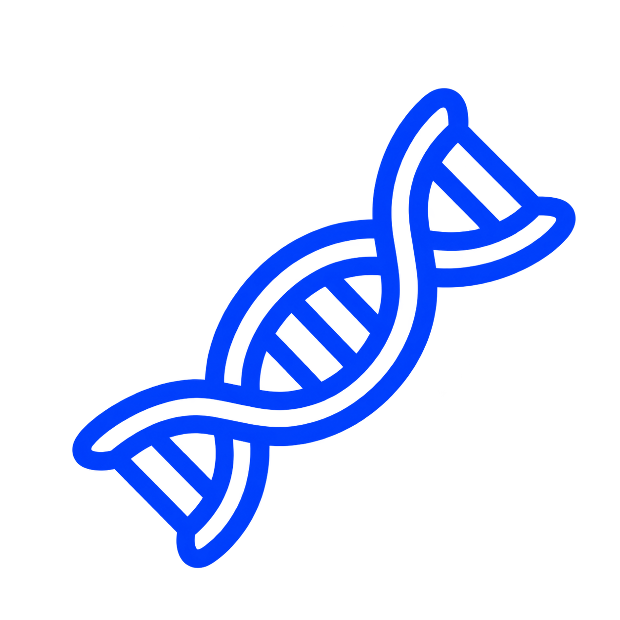 A blue, stylized icon of a DNA double helix on a white background.
