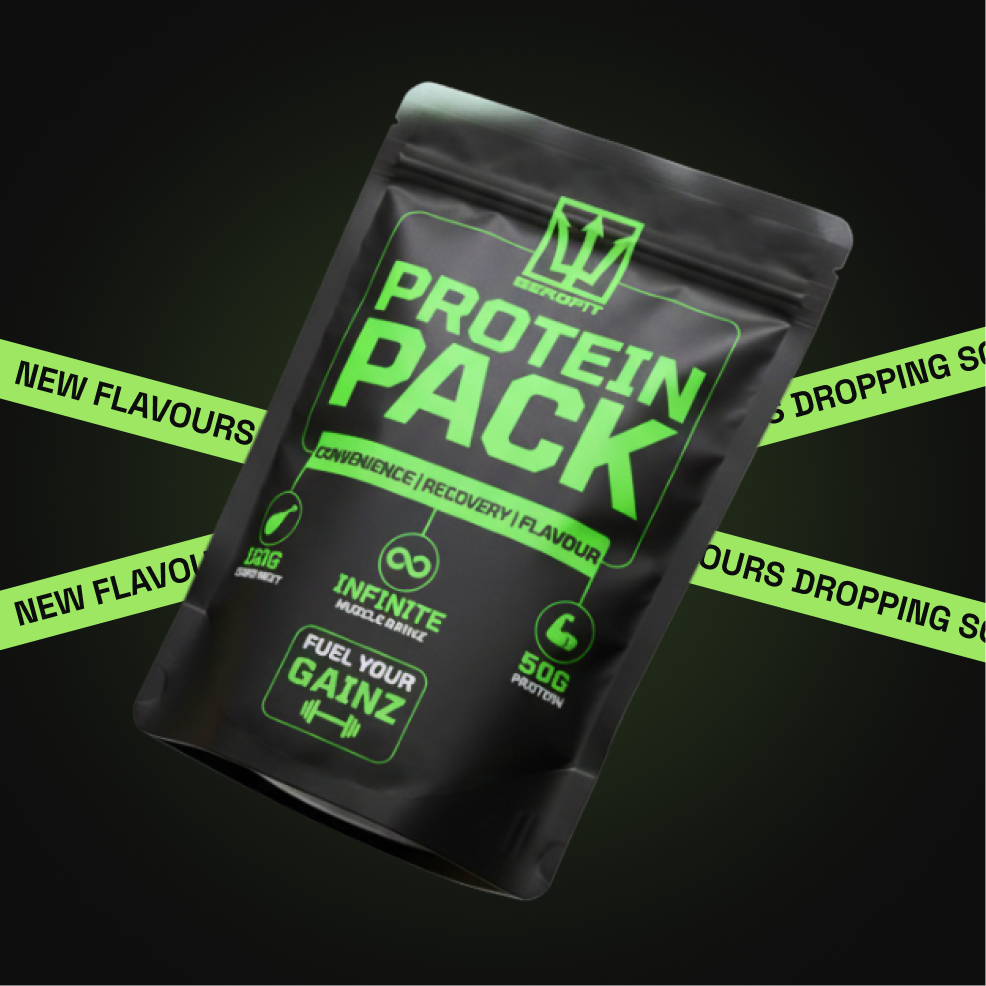 Black protein pack with neon green text and 'New Flavours Dropping Soon' ribbons.