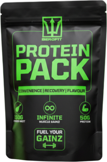 Black protein pack labeled 'Fuel Your Gainz' with nutritional information.