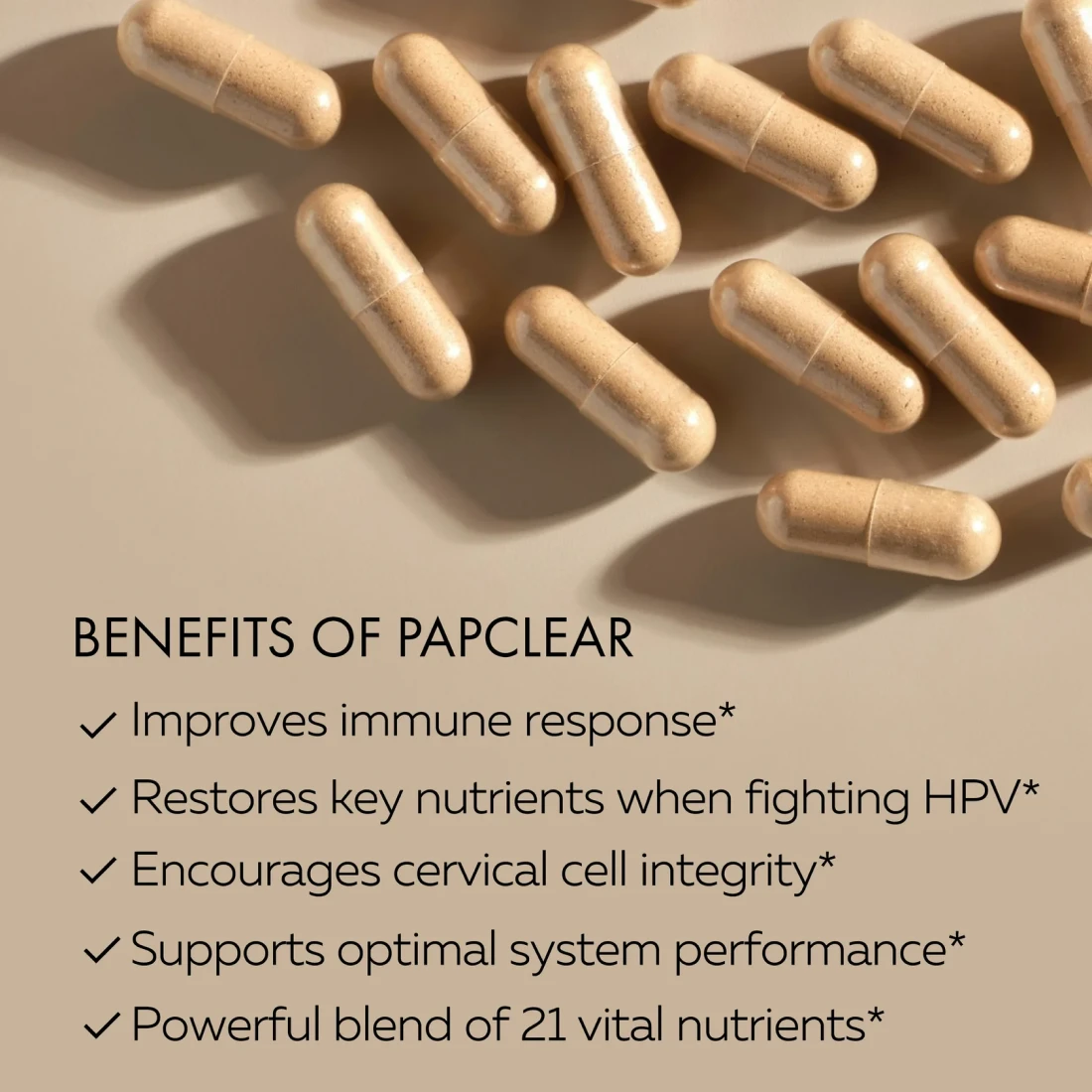 Papclear capsules scattered on a surface above a list of the product's benefits.