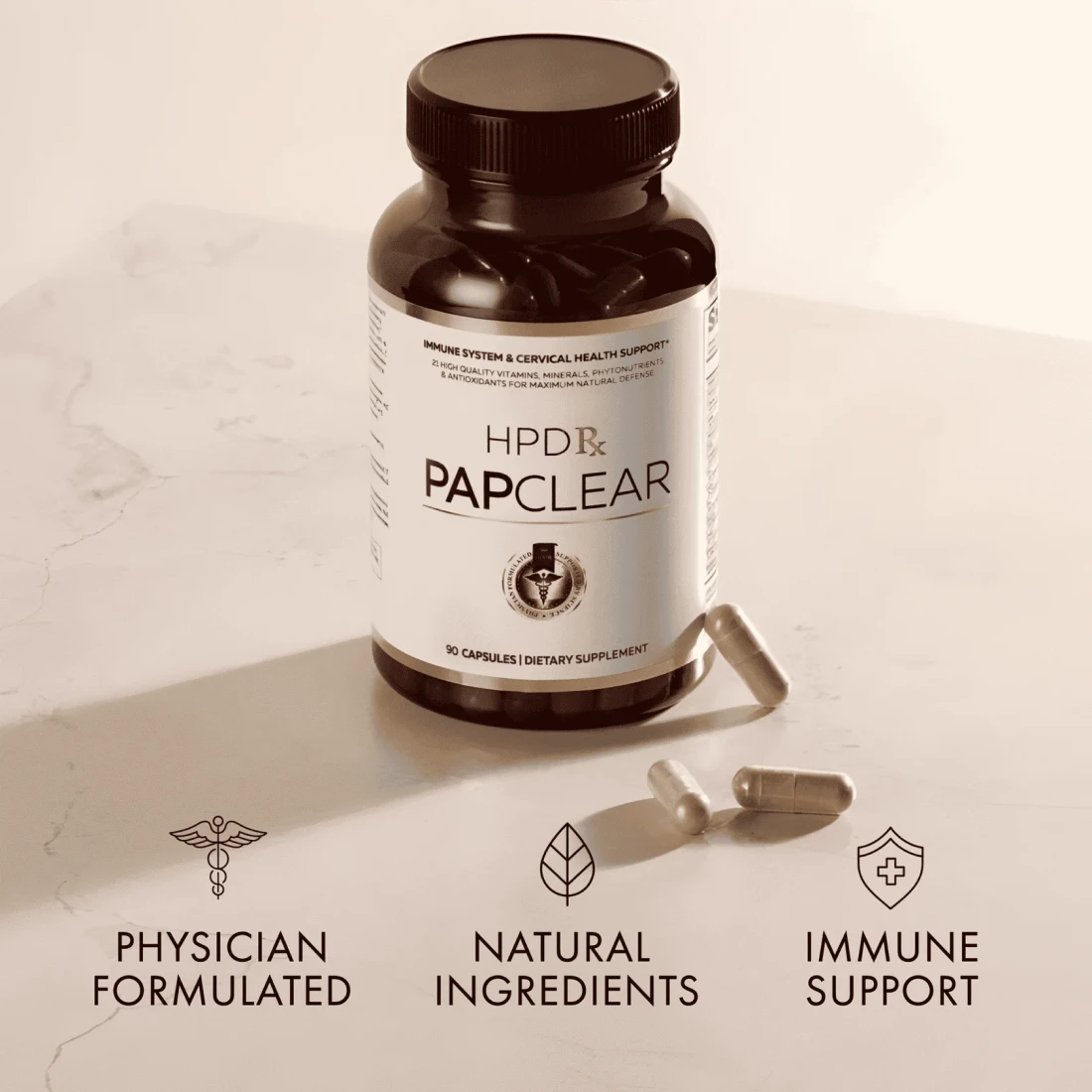 A bottle of HPDRx PAPCLEAR dietary supplement with several capsules and icons describing its benefits.