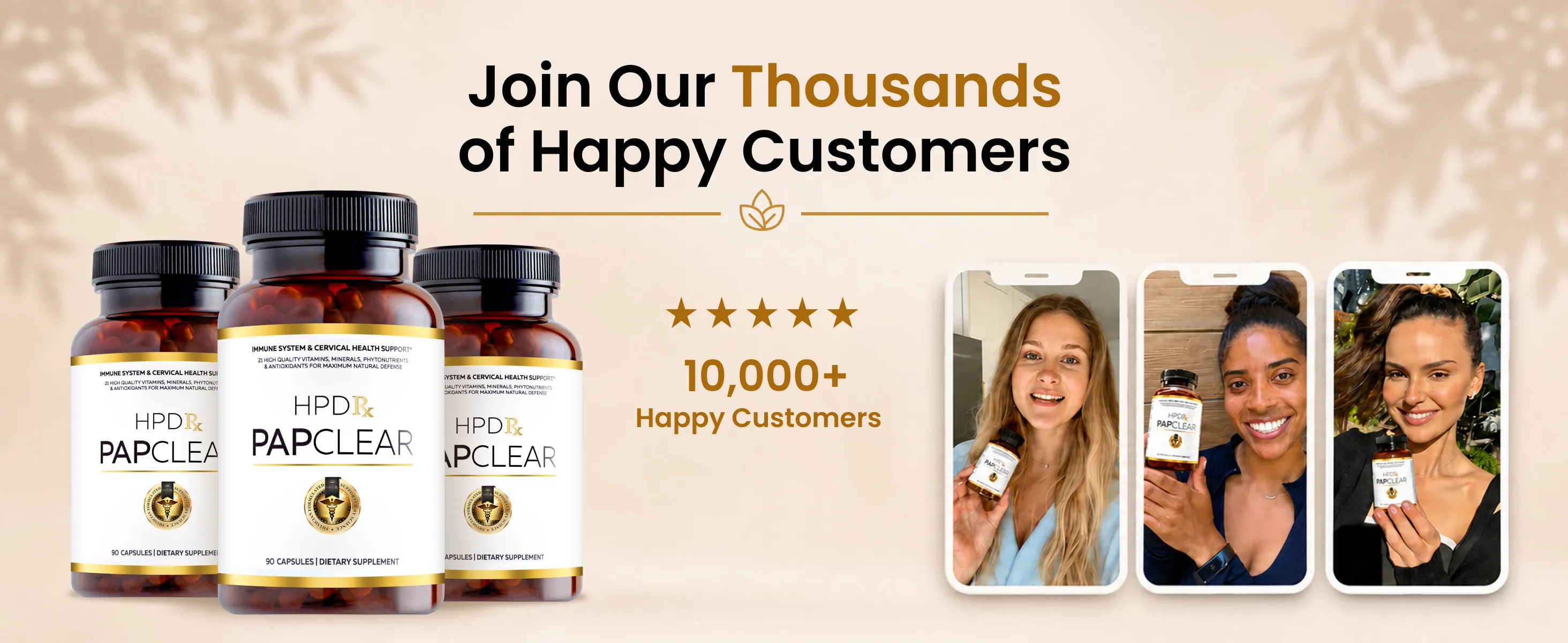 An ad for HPD Rx Papclear showing product bottles and photos of three happy women holding the product.