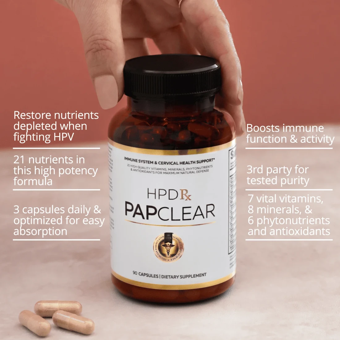 A hand holding a bottle of HPDRx PAPCLEAR dietary supplements with text highlighting the product's benefits.